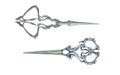 WATERCOLOR ILLUSTRATION OF ANTIQUE SCISSORS. SEWING ACCESSORIES, VINTAGE, RETRO TOOLS.